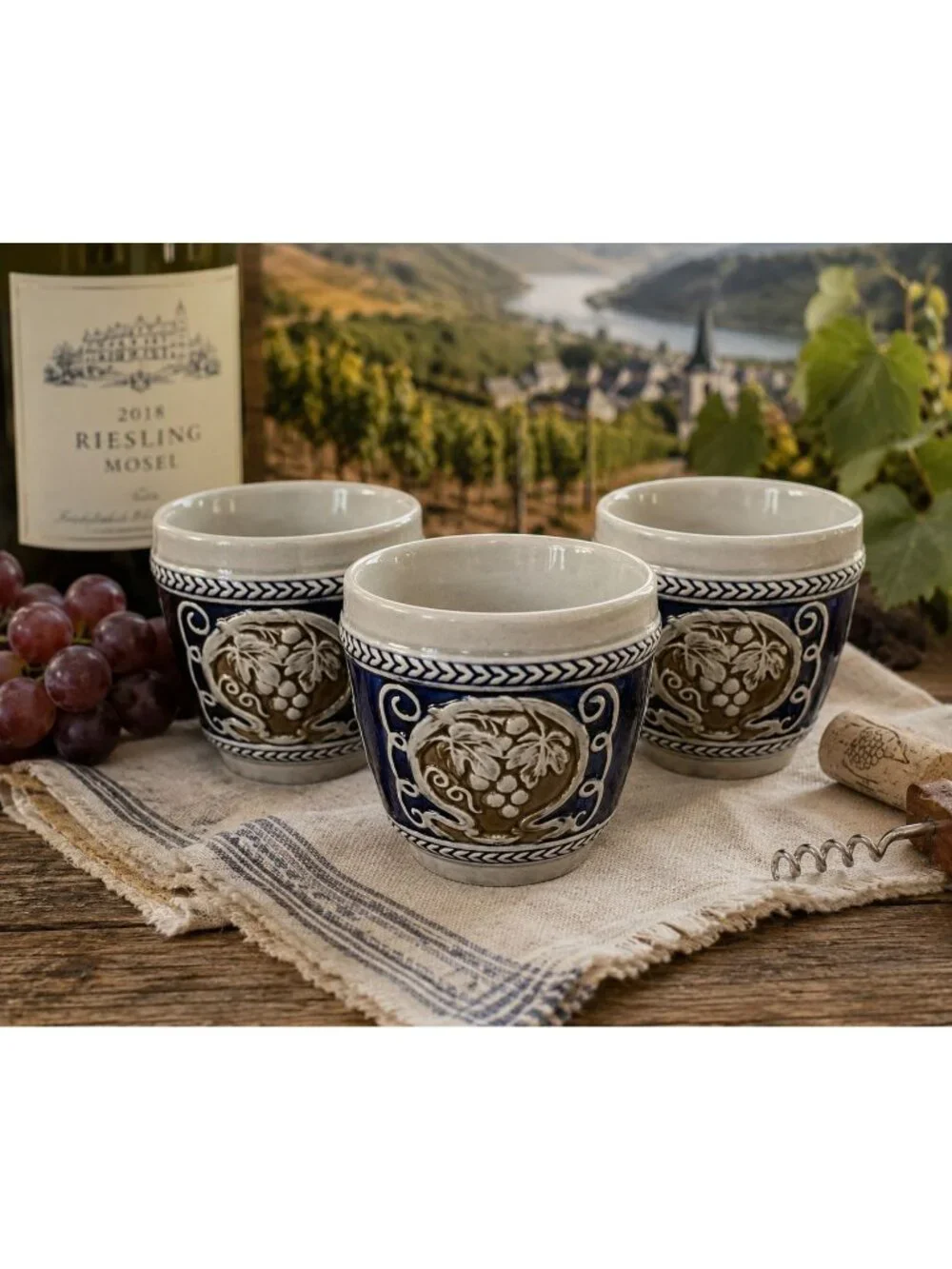 Set of 3 Vintage West German Stoneware Wine Cups Grapevine Relief Blue Pottery B